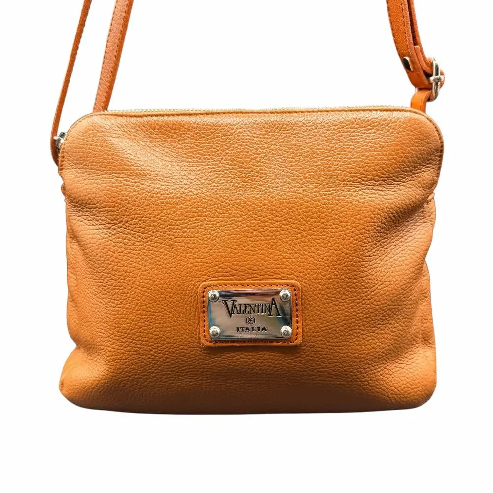 Valentina Italy Pebbled Leather Crossbody Bag Cognac Tan Zip Purse